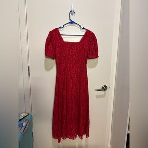 Rachel Parcell Red Lace Midi Dress with Puff Sleeves